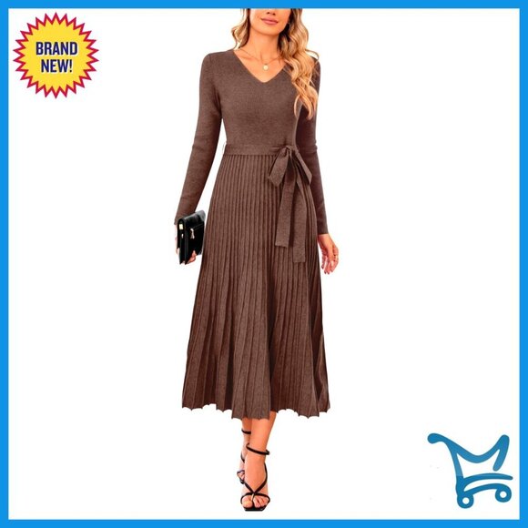 Dresses & Skirts - Wool Blend Tie Waist Pleated Sweater Dress V Neck Long Sleeve Elegant